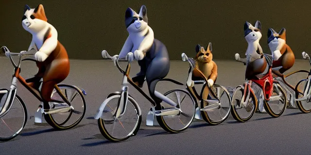 Prompt: group of cats on bikes, octane render, highly detailed