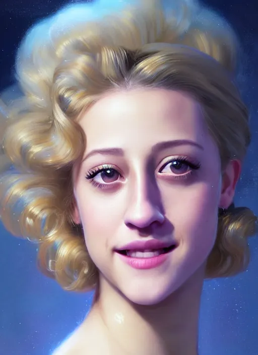 Image similar to portrait of lili reinhart with fluffy bangs, smiling kindly, bangs, 1 9 6 0 s, ponytail, curly bangs and ponytail, intricate, elegant, glowing lights, highly detailed, digital painting, artstation, concept art, smooth, sharp focus, illustration, art by wlop, mars ravelo and greg rutkowski