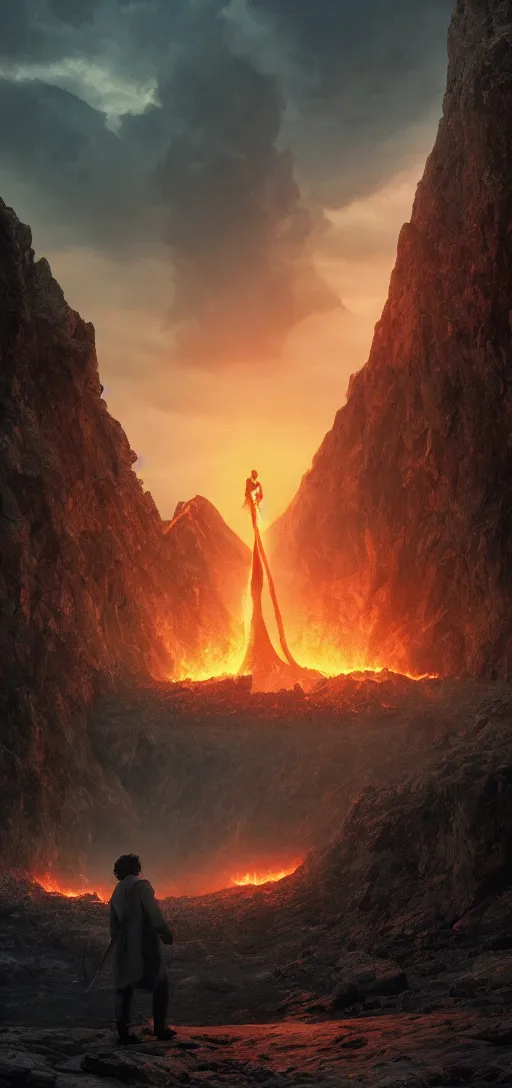 Image similar to Frodo throwing the ring of power into the fires of Mount Doom, dynamic lighting, cinematic, establishing shot, extremly high detail, foto realistic, cinematic lighting, post processed, concept art, artstation, matte painting, style by ghibli, myazaki