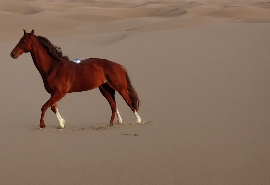 Prompt: a horse made out of flesh walking across sand dunes