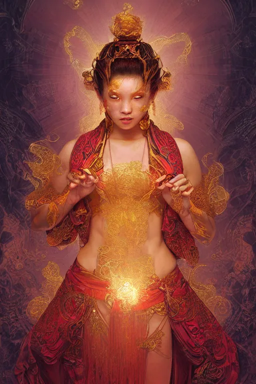 Image similar to tarot card artstation, portrait of an asian love dancer, sunrise, baroque ornamnet and rococo ornament, ancient chinese ornate, hyperdetailed, beautiful lighting, craig mullins, mucha, klimt, yoshitaka amano, red and gold and orange color palatte