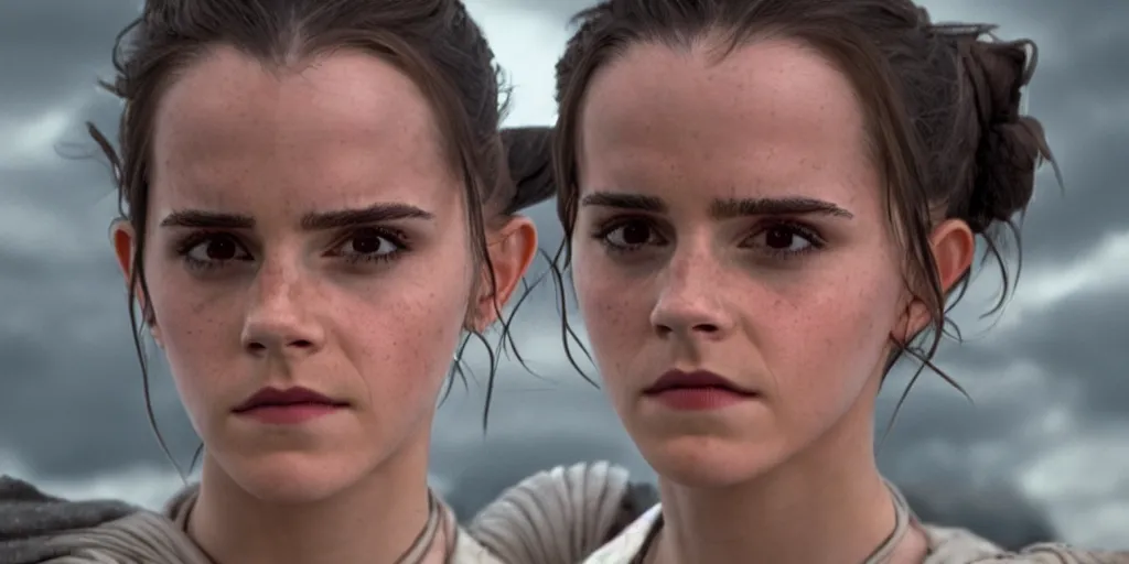 Image similar to emma watson as rey in the new star wars movie, cinematic, detailed
