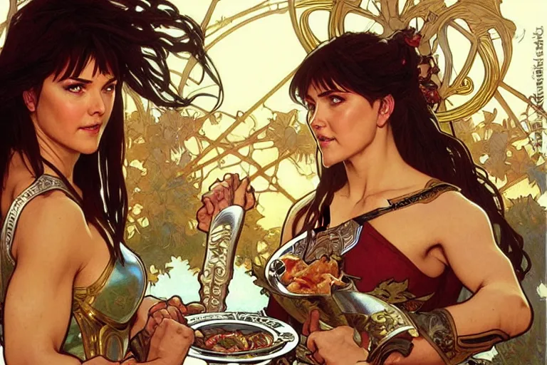 Image similar to xena warrior princess eating at a restaurant art by artgerm and greg rutkowski and alphonse mucha