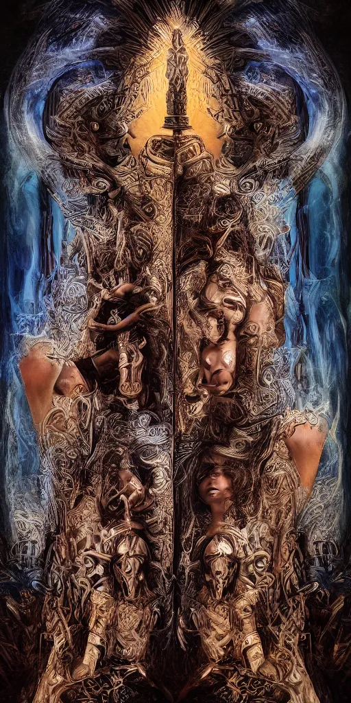 Prompt: HDR portrait photography of two Deities vertically mirrored between utopia on the top and the underworld on the bottom. The Benevolent Cyborg Queen in utopia on the top, mirroring The Evil Cyborg King in the dark underworld on the bottom. Coherent portraits, ethnic fantasy, intricate, elegant, highly detailed, African, Egyptian, Aztec, Mayan, digital painting, trending on ArtStation, HDR photo, smooth, sharp focus, illustration, art by artgerm and greg rutkowski and alphonse mucha