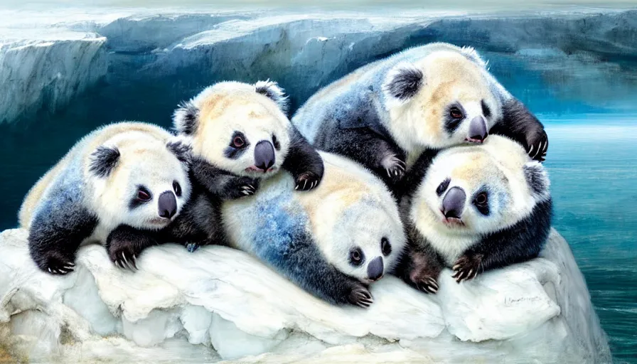 Image similar to highly detailed painting of cute furry white baby seal panda koalas cuddling into each other on a blue and white iceberg by william turner, by greg rutkowski, by william constable, thick brush strokes and visible paint layers, 4 k resolution