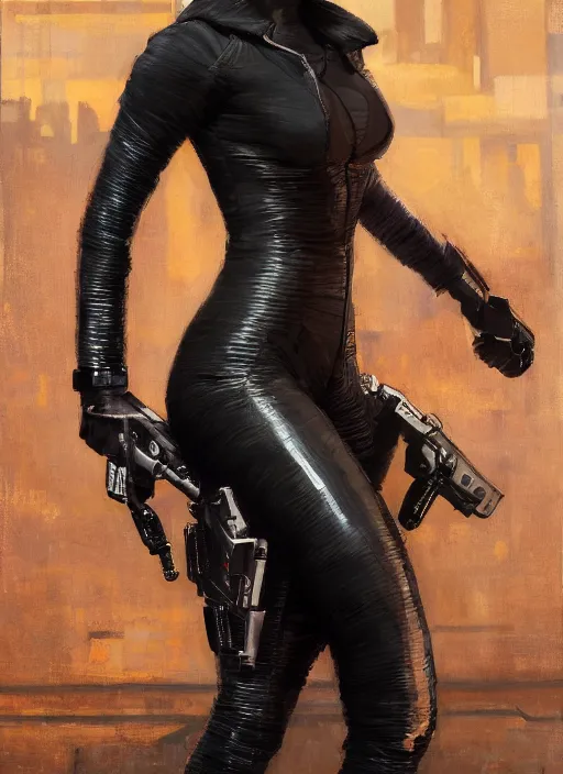 Image similar to selina kyle teaching self defense. cyberpunk mercenary in a cyberpunk jumpsuit ( blade runner 2 0 4 9, cyberpunk 2 0 7 7 ). orientalist portrait by john william waterhouse and james gurney and theodore ralli and nasreddine dinet, oil on canvas. cinematic, hyper realism, realistic proportions, dramatic lighting, high detail 4 k