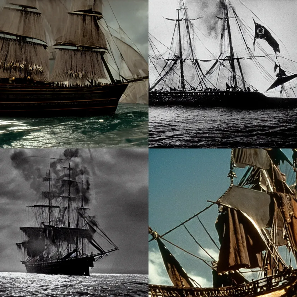 Prompt: The Black Pearl sails past the Titanic, film still from Pirates of the Carribean