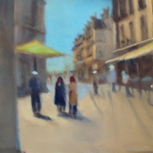 Prompt: old paris streetscape, oil painting, soft focus.