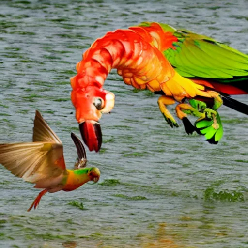 Prompt: a shrimp flying over a parrot swimming