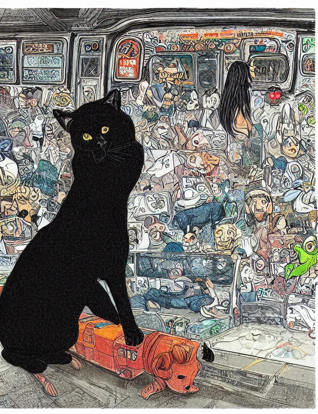 Image similar to realistic portrait of a stoned black cat jumpig at a lion lost in the very busy and crowdy NYC subway looking at a train arriving late by James Jean