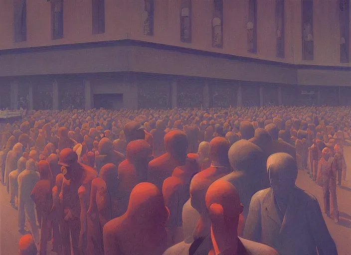 Image similar to crowd waiting in line, science fiction, Edward Hopper and James Gilleard, Zdzislaw Beksinski highly detailed