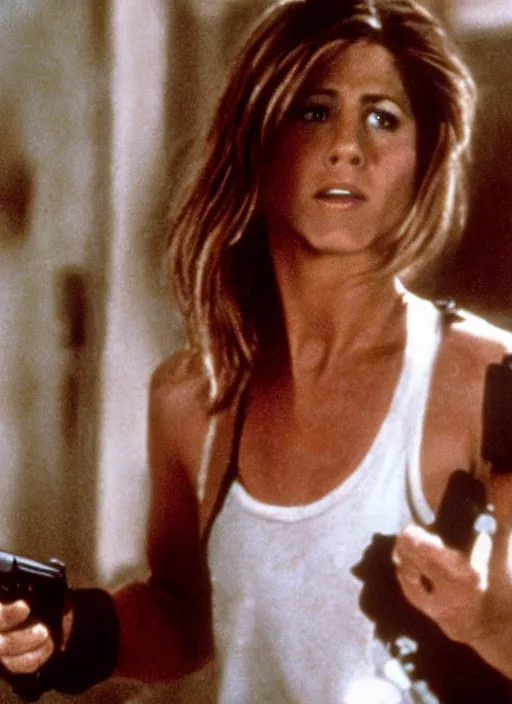 Image similar to film still of Jennifer Aniston as John McClane in Die Hard, 4k