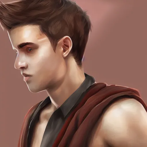 Image similar to realistic portrait, 25 years old man :: athletic fantasy mage :: green eyes, long brown hair :: wearing a brown robe :: high detail, digital art, RPG, concept art, illustration