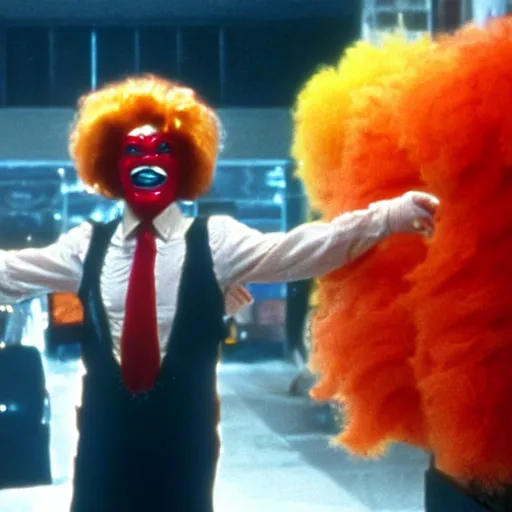 Image similar to A still of Ronald McDonald as a supervillain in a 1980s movie