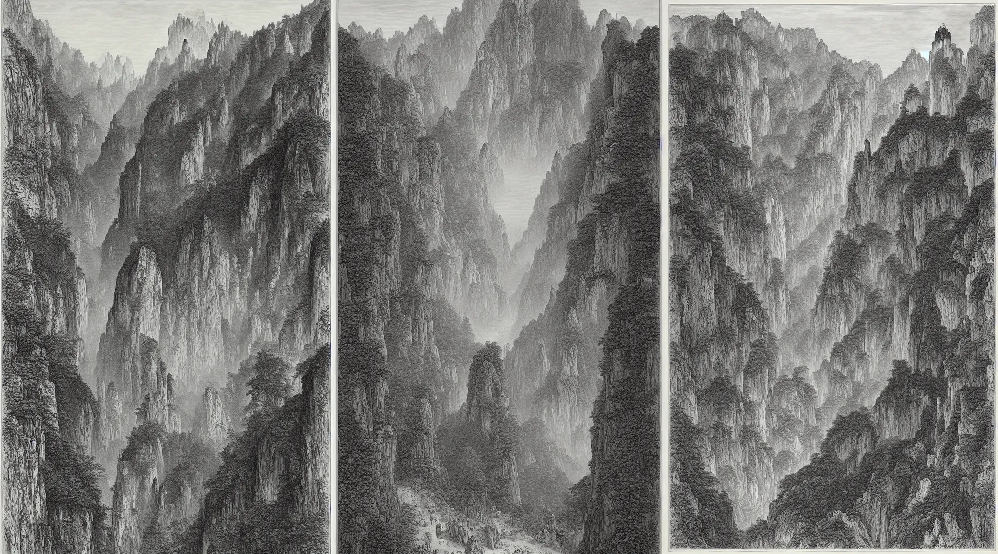 Prompt: an engraving of southern sky column, zhangjiajie national forest park by gustave dore, highly detailed, lithograph engraving