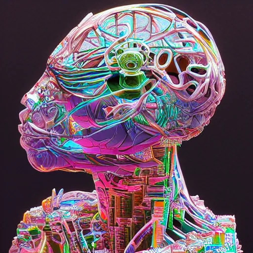 Prompt: a colorful statue constructing a mind / brain piece by piece, highly detailed, artstation, smooth, sharp focus, clean shaped colored cyberpunk digital artwork by kim jung gi, leonardo davinci, mc escher, moebius, cyberpunk