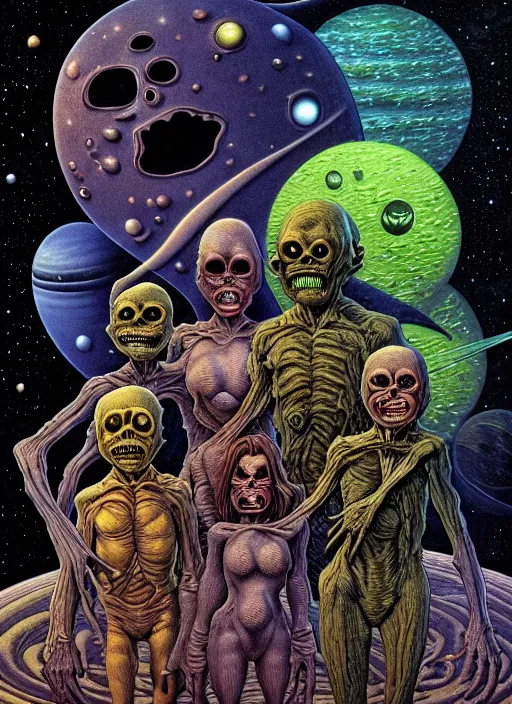 Image similar to detailed image of a creepy family in the deep space by richard corben, rich deep colors. masterpiece . intricate artwork, cinematic, hyper realism, high detail, unreal engine, 8k, Smooth gradients, High contrast, depth of field, fishes eye. full body character drawing, clean ink detailed line drawing, intricate detail, extremely detailed.