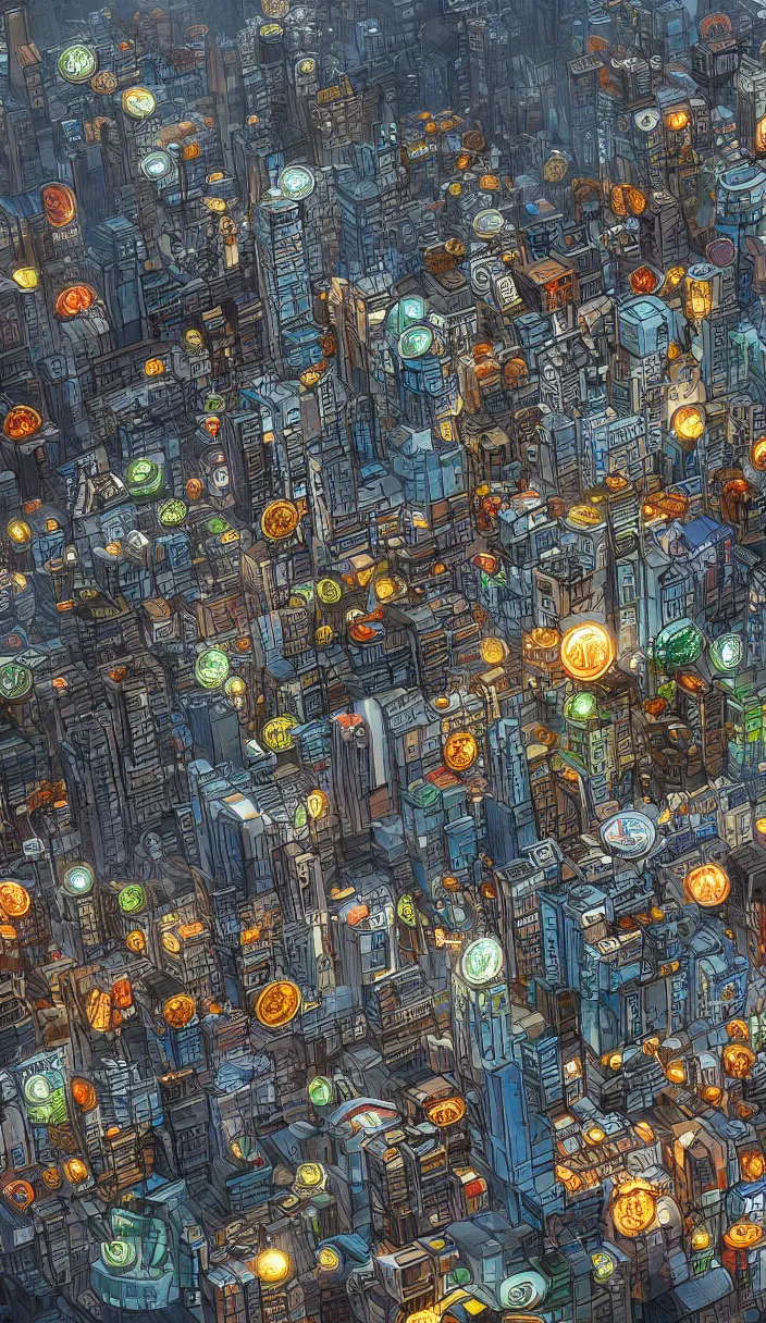 Image similar to cityscape with huge piles of crypto coins, concept art, award winning concept art, trending on artstation