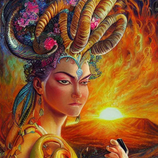 Image similar to detailed acrylic on canvas fantasy painting by josephine wall, horned ram goddess checking her cell phone, erupting volcano and sunset in distance, flowers in foreground, trending on artstation, by senior concept artist, intricately detailed, high resolution, hdr, 8 k