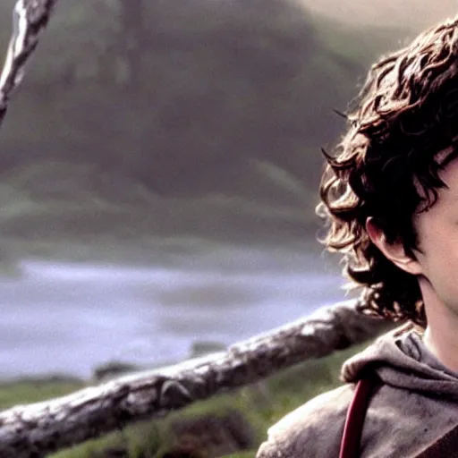Image similar to Film still of a young Daniel Radcliffe as Frodo in Lord of the Rings: The Return of the King, small eyes