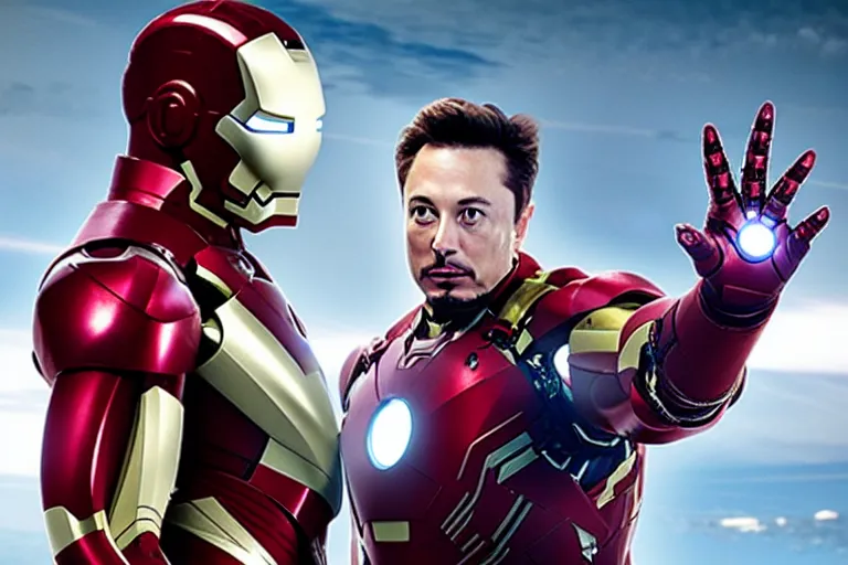 Image similar to Film still of Elon Musk as Iron Man, wearing the Iron Man armour, Marvel Studios