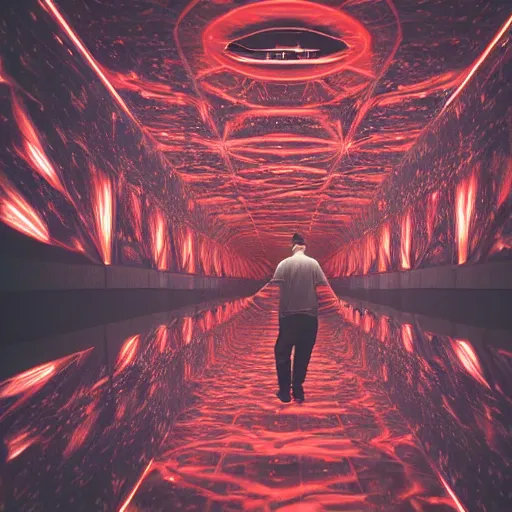 Prompt: dark matter red art house future alone man going limbo hipper octane reflection in the mirror room schizophrenia and stratification of consciousness mind man full HD 8K resolution