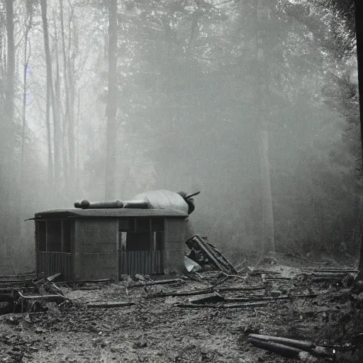 Image similar to film still of a military compound during ww 2 in the forest, big anti aircraft gun between 2 buildings, trenches dug around the perimeter, filmgrain, zeiss lens, redshift, octane, foggy diffused lighting