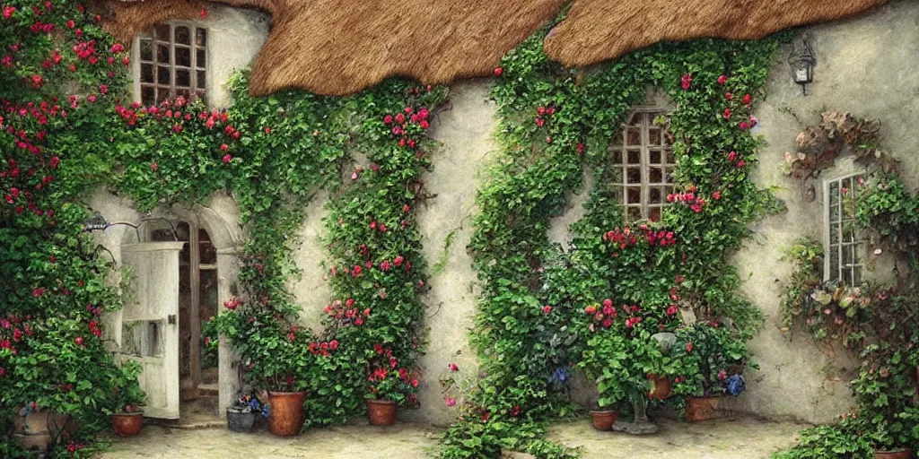 Image similar to cottage wall, outside garden courtyard with vines and ivy growing up the wall, beautiful roses, flowers, unreal, fantasy, intricate, elegant, dramatic, highly detailed, photorealistic, digital painting, painterly, artstation, concept art, smooth, sharp focus, art by john collier and krenz cushart and artem demura and albert aublet