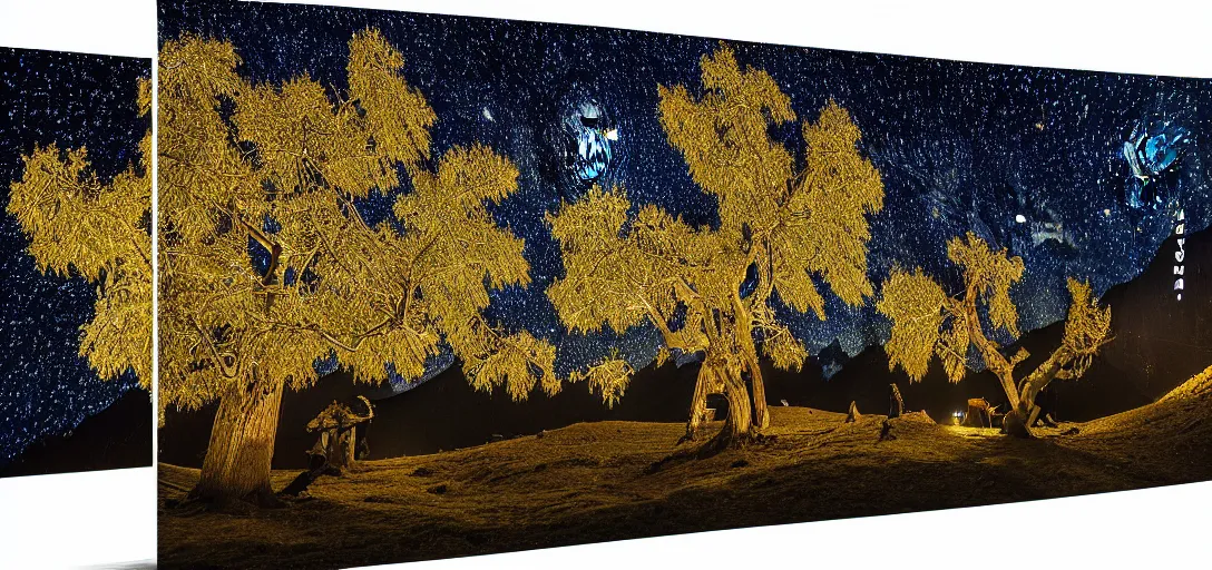 Prompt: 8k intricate detailed single chinar tree with kashmir landscape and dark starry night