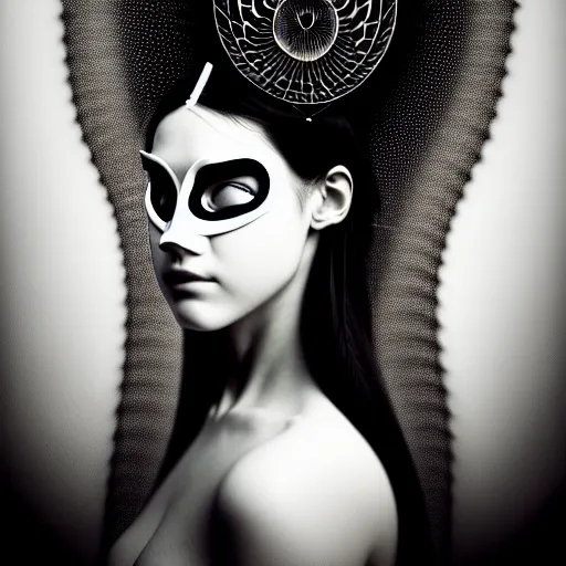 Image similar to portrait of a young beautiful woman with a mask. contemporary photograph and speed painting and fractal and mandelbulb and lines and scribble art. black and white. intricate, elegant, super highly detailed, professional digital painting, artstation, concept art, smooth, sharp focus, no blur, no dof, extreme illustration, Unreal Engine 5, Photorealism, HD quality, 8k resolution, cinema 4d, 3D, beautiful, cinematic