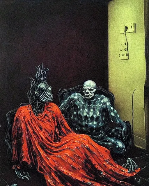 Prompt: an old dead couple sitting on an old couch in an old apartment next to fire place,  Francisco Goya painting, part by Beksiński and EdvardMunch. warhammer 40000  elegant,  vibrant, futuristic, dark fantasy, intricate, smooth, artstation, art by Takato Yamamoto, Francis Bacon masterpiece