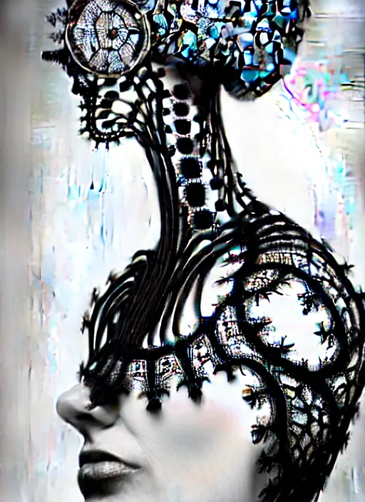 Image similar to surreal black and white photo portrait of complex bio-mechanical beautiful young female vegetal-cyborg with a Mandelbrot fractal steampunk metal fine lace face, a very long neck and a fine metal floral foliage super big lace collar by Alexander McQueen:: high fashion, haute couture, rococo, steampunk, silver filigree details, anatomical, facial muscles, cable wires, microchip, elegant, dreamy, foggy, hyper realistic, 150 mm lens, soft rim light, octane render, unreal engine, picture was taken in 1910 by Dora Maar, volumetric lighting, dramatic light,8k,