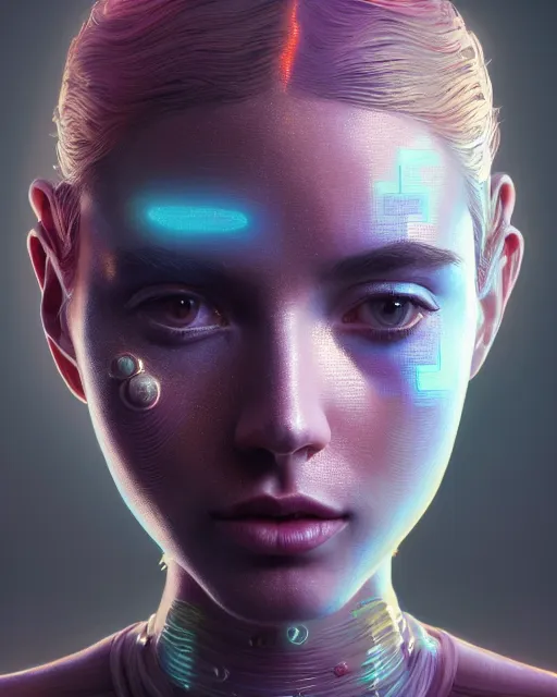 Prompt: highly detailed surreal vfx portrait of a metallic chromatic geometric tribal young woman, behance, stephen bliss, unreal engine, greg rutkowski, loish, rhads, beeple, makoto shinkai and lois van baarle, ilya kuvshinov, rossdraws, tom bagshaw, alphonse mucha, global illumination, detailed and intricate environment