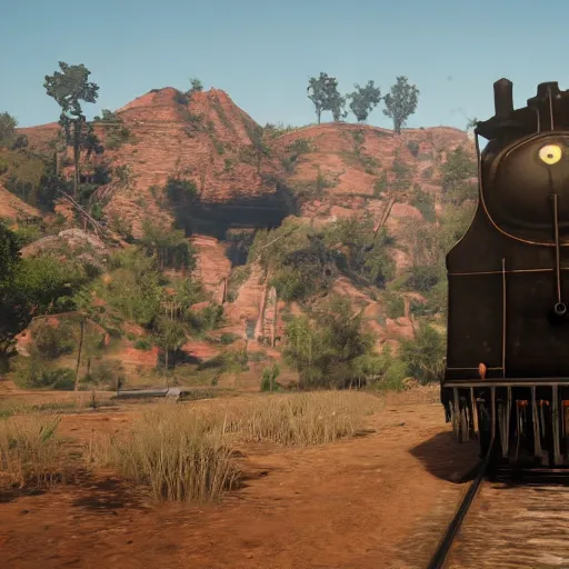 Image similar to futuristic sleek steam locomotive in red dead redemption 2