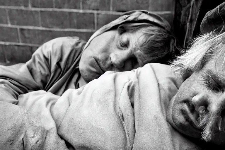 Image similar to closeup portrait of homeless boris johnson sleeping under a london bridge, natural light, sharp, detailed face, magazine, press, photo, steve mccurry, david lazar, canon, nikon, focus