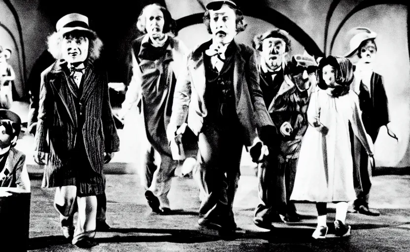 Image similar to Willy Wonka and the Chocolate Factory, still from an old surrealist black and white movie directed by Jan Svankmajer, Béla Tarr, Ingrid Bergman and Robert Wiene. Dark background, dramatic lighting, detailed, cinematic