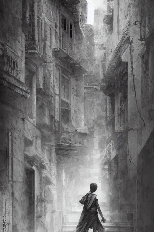 Image similar to antique greek city, portrait, powerfull, intricate, elegant, black and white volumetric lighting, scenery, digital painting, highly detailed, artstation, sharp focus, illustration, concept art, ruan jia, steve mccurry