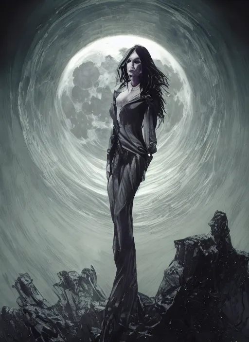 Image similar to at the top: symmetrical centered portrait of Anna Millerstone as a Dark evil witch, big moon in the background, at the bottom: empty space, dramatic lighting, book cover illustration by Greg rutkowski, yoji shinkawa, 4k, digital art, concept art, trending on artstation, golden silver elements, empty grey space at the top, flower elements