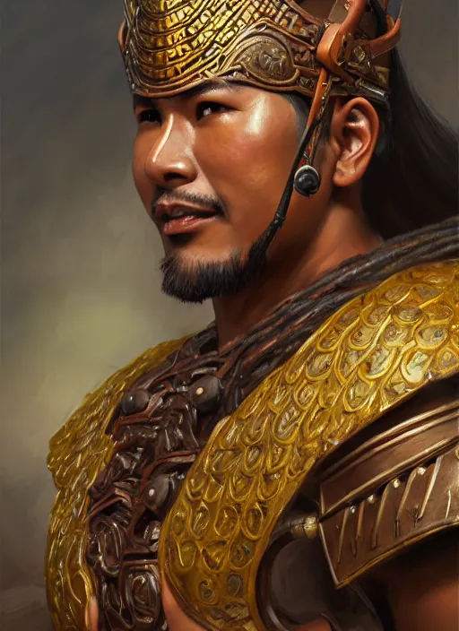 Image similar to smart tai warlord, closeup portrait, historical, ethnic group, traditional tai costume, sukhothai costume, bronze headset, fantasy, intricate, with leather armor cross onbare chest, elegant, loin cloth, highly detailed, oil painting, artstation, concept art, matte, sharp focus, illustration, hearthstone, art by earl norem