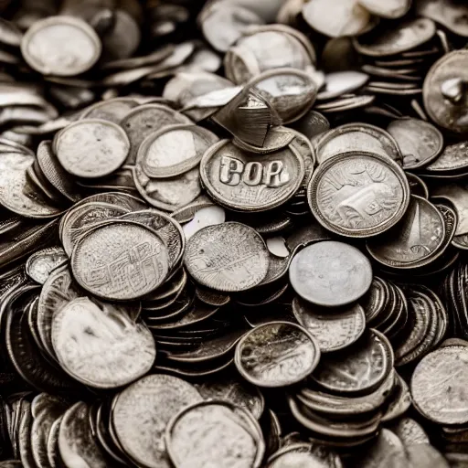 Prompt: a picture of a pile of coins in a bucket in the heavy rain, god rays, 50mm