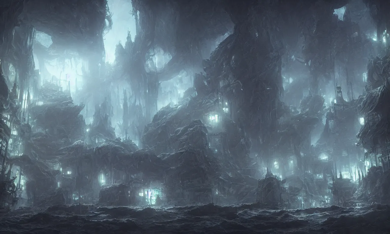 Prompt: a cinematic view of the eldritch subterranean city of r'lyeh. art by xin xiang and james paick, hyperrealism, spooky, dramatic lighting