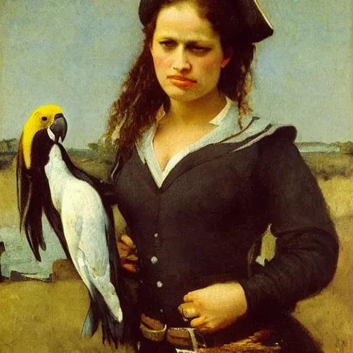 Image similar to female pirate with many parrots. Oil painting by Gustave Courbet, Jules Breton, Jean-François Millet, Émile Friant