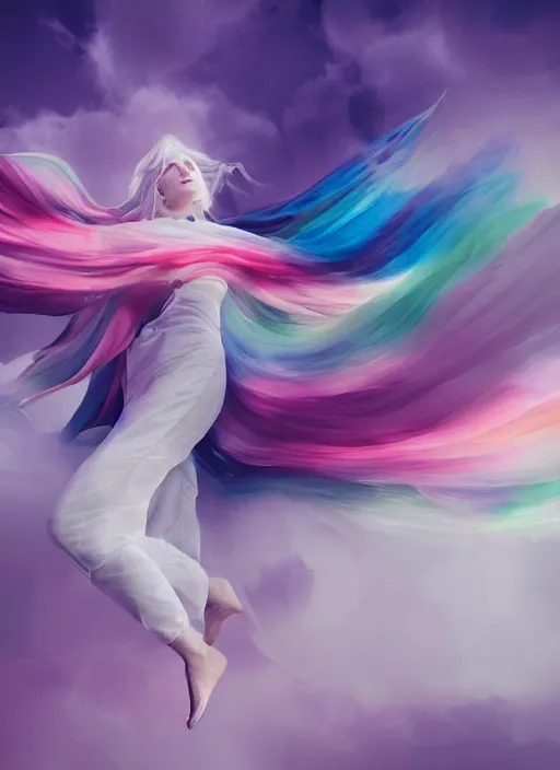 Image similar to female spirit made out of clouds and floating ribbons, spectrum colours, angelic, realistic, cinematic light, volumetric, octane render