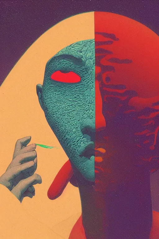 Image similar to a scifi closeup portrait of a young morrocan man licking a blotter paper of LSD acid on his tongue and dreaming psychedelic hallucinations in cosmos, by kawase hasui, moebius, Edward Hopper and James Gilleard, Zdzislaw Beksinski, Steven Outram colorful flat surreal design, hd, 8k, artstation