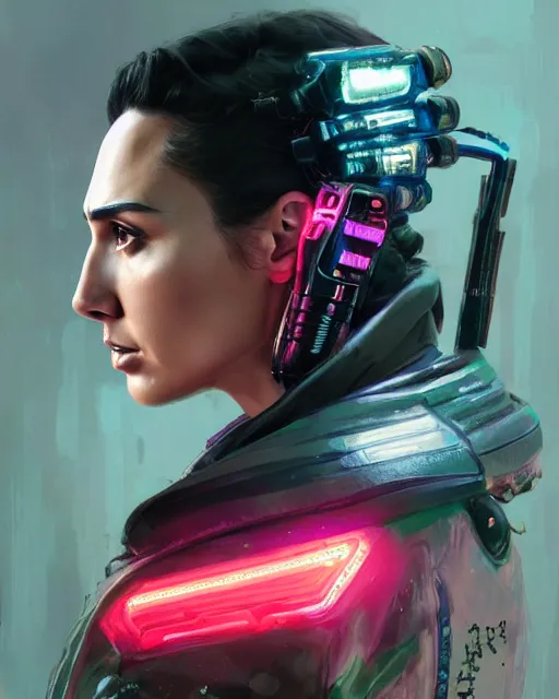 Image similar to detailed side profile portrait Gal Gadot, cyberpunk futuristic neon, reflective puffy coat, decorated with traditional Japanese ornaments by Ismail inceoglu dragan bibin hans thoma greg rutkowski Alexandros Pyromallis Nekro Rene Maritte Illustrated, Perfect face, fine details, realistic shaded, fine-face, pretty face