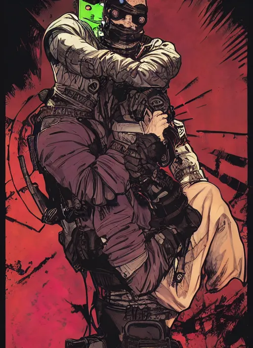 Prompt: cyberpunk jujitsu match. portrait by ashley wood and alphonse mucha and laurie greasley and josan gonzalez and james gurney. splinter cell, apex legends, rb 6 s, hl 2, d & d, cyberpunk 2 0 7 7. realistic face. character clothing. vivid color. dystopian setting.