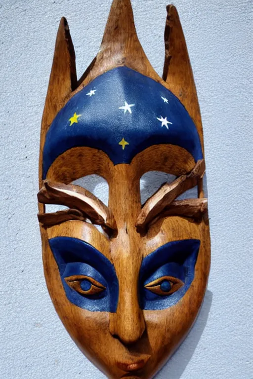 Image similar to a flat carved wooden elf mask face, staring real goat eyes, outer glow, dark blue background with stars shapes vividly coloured, highly detailed, vintage european folk art, colour photograph