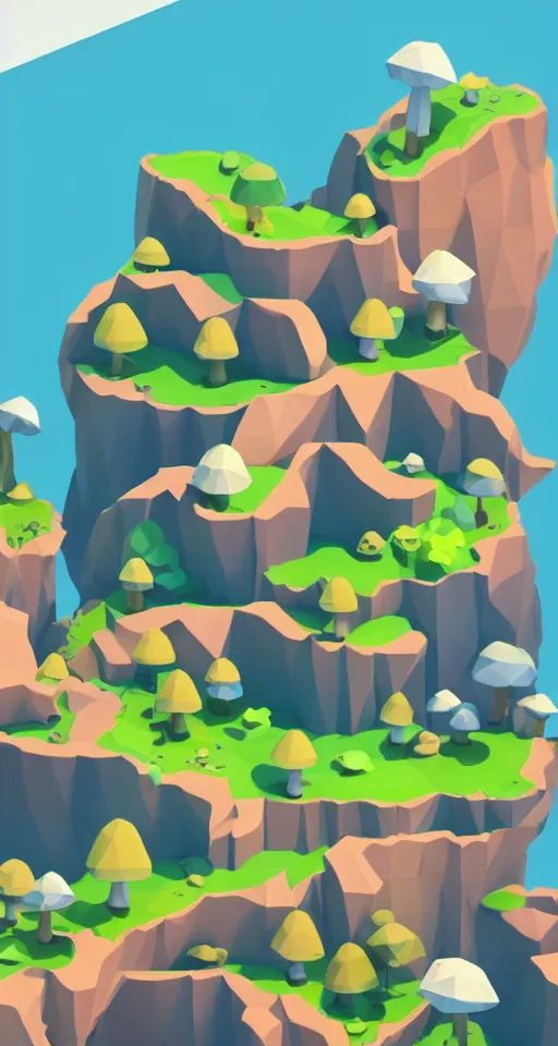 Prompt: a cute little matte low poly isometric mushroom island, waterfalls, mist, lat lighting, soft shadows, trending on artstation, 3d render, monument valley, fez video game,