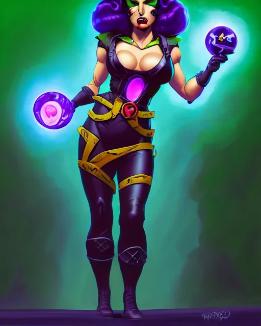 Prompt: miss atomic bomb, supervillain, villainess, pulp femme fatale, glowing eyes, green glow, comic cover painting, masterpiece artstation. 8 k, sharp high quality artwork in style of wayne reynolds and don bluth, concept art by jack kirby, blizzard warcraft artwork, hearthstone card game artwork