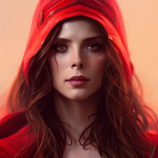 Image similar to Ashley Greene as Scarlet Witch, western, D&D, fantasy, intricate, elegant, highly detailed, digital painting, artstation, concept art, matte, sharp focus, illustration, art by Artgerm and Greg Rutkowski and Alphonse Mucha